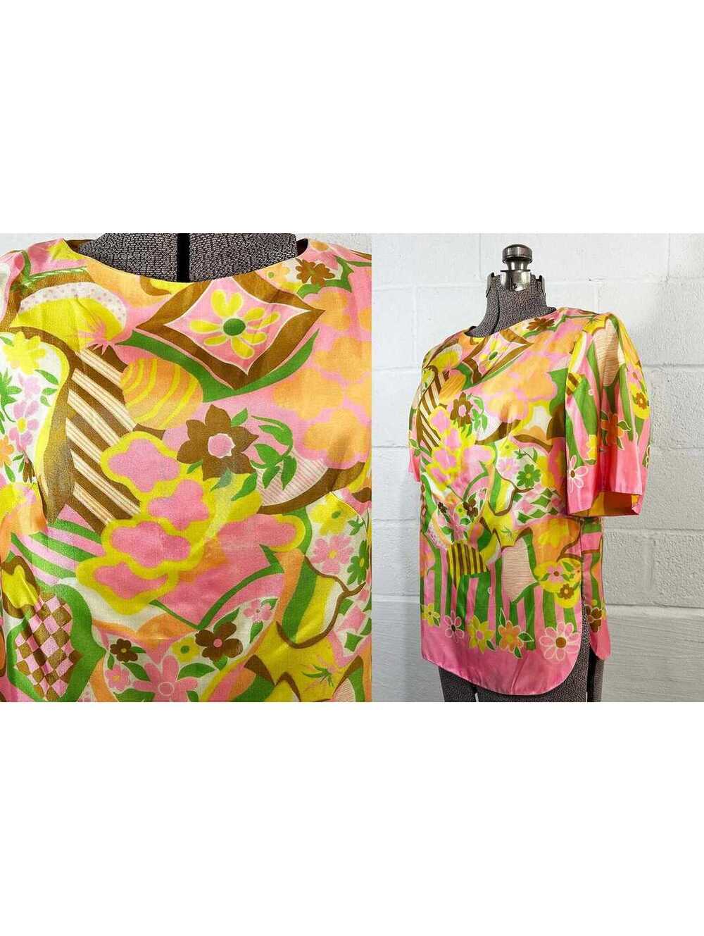 Alex Colman Floral Top California Button Back Blouse Pink Yellow 1960s Large